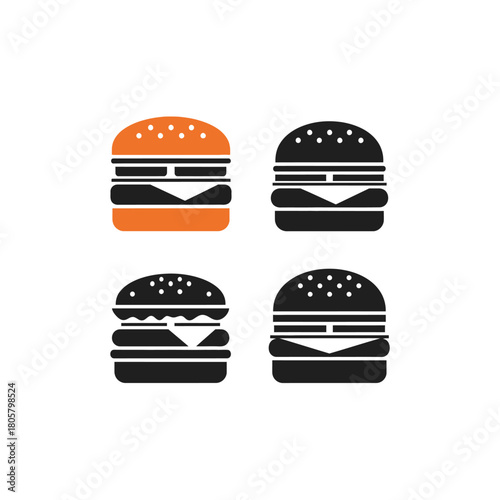 A collection of four stylized hamburger and cheeseburger icons, with one in orange and three in black silhouette.