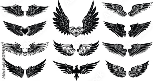 Set of black angel and bird wings with skull and heart elements, vector illustration isolated on white background for tattoo and logo design.