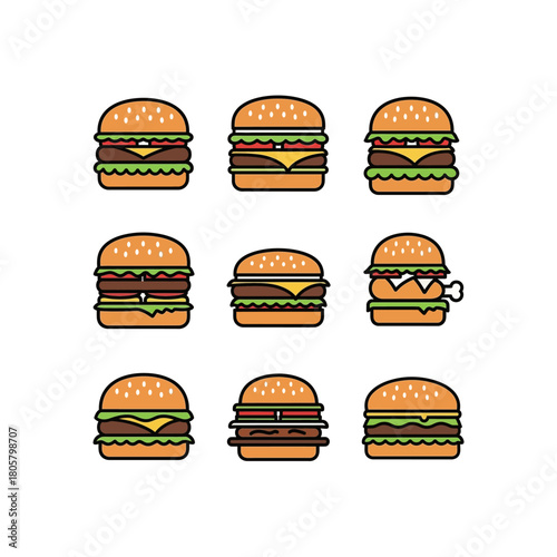 A collection of nine colorful, flat design hamburger and cheeseburger icons arranged in a grid on a white background.