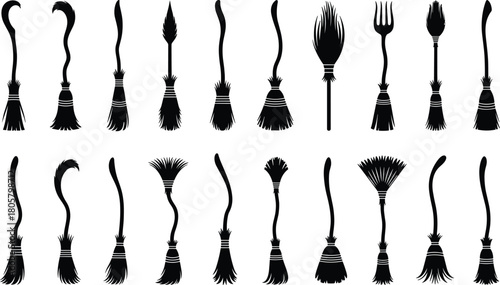 Set of black witch broom silhouettes with various crooked handles, vector illustration isolated on white background for Halloween decoration and magic design elements.