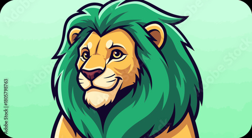 Stylized illustration of a majestic lion with a vibrant green mane.
