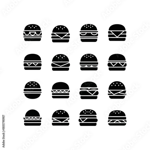 A collection of stylized black and white burger icons, arranged in a grid pattern.