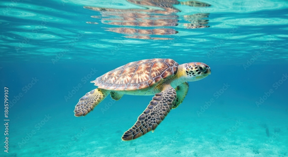 Obraz premium Sea turtle glides gracefully underwater, reflecting sunlight above
