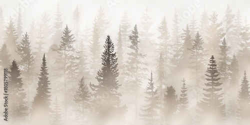 Coniferous forest in the morning fog, landscape in sepia tones, monochrome, vector landscape