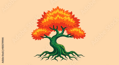 Vibrant illustrated tree with fiery orange and yellow autumn foliage.