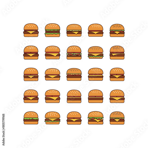 Twenty-four cartoon-style burger icons arranged in a grid, showcasing variations in toppings like cheese, lettuce, and sesame seeds.
