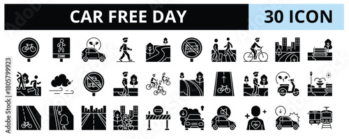 30 Car Free Day Glyph Icons Vector - Bicycle Lane, Green Path, Public Space, Clean Air, Open Road, Park Zone, Urban Ride