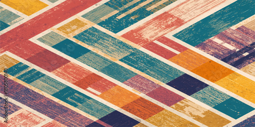 Vibrant retro geometric diagonal stripes with distressed texture in teal, orange, mustard, red and cream, perfect for vintage posters, modern mid-century designs and bold creative backgrounds.