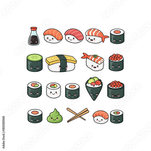An adorable collection of cartoon Japanese food, featuring various kawaii sushi, rolls, and condiments with happy smiling faces.