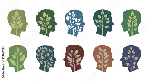 Collection of human head silhouettes with leafy branches inside symbolizing growth and mental wellbeing.