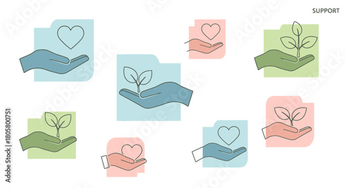 Hands holding hearts and plants symbolizing care growth and environmental protection.