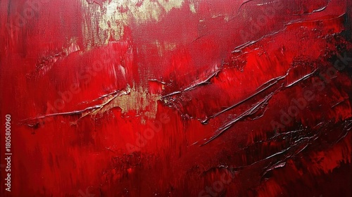 textured deep red abstract painting with gold highlights and dark raised brushstrokes evoking intense passion and dramatic energy