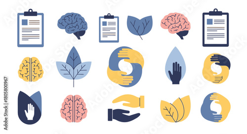 Mental health and wellbeing icons set for psychological support.