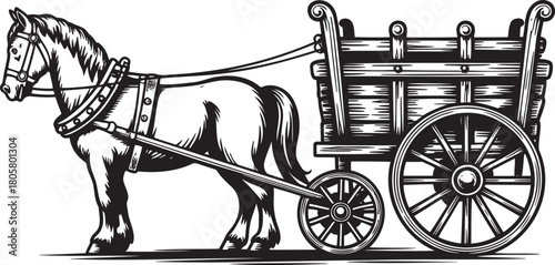 Working Draft Horse and Cart: Detailed Engraving Style Vector Illustration of Farm Hauling