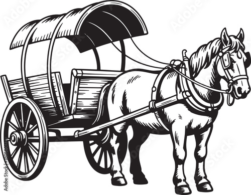 Historic Horse-Drawn Wagon: Detailed Engraving Style Vector Illustration of Covered Cart