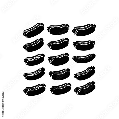 A collection of stylized hot dogs in varying presentations, arranged in a grid.