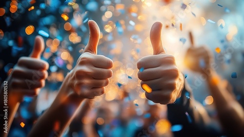 Close-up of multiple hands giving thumbs up amid falling confetti and warm bokeh lights, a joyful celebratory crowd expressing approval and excitement