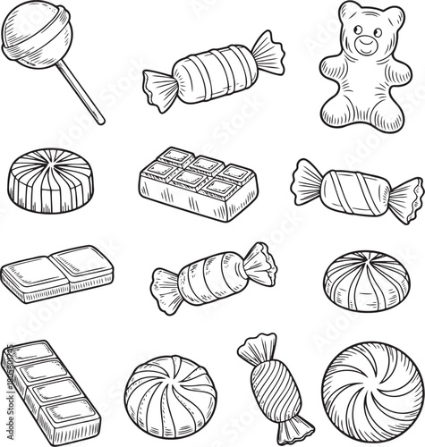 Sweet Treats: Hand-Drawn Icons of Gummy Bears, Bars, and Hard Candies, Assortment of Candies and Sweet Treats