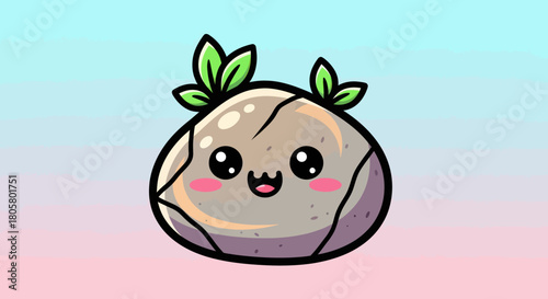 Adorable Cartoon Stone Character with Plant Sprouts and Kawaii Face.