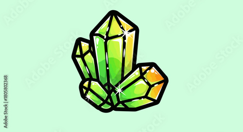 Green Crystals Cluster with Black Outlines on Light Green Background.