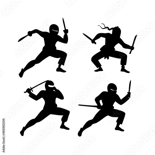 Four black ninja silhouettes in action poses warrior