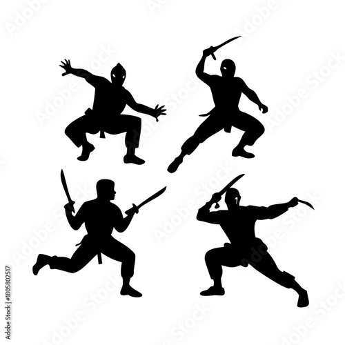 Four black ninja silhouettes in action poses warrior