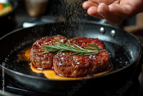 Two seared beef steaks in a hot skillet topped with a rosemary sprig as a hand sprinkles coarse salt, glistening with butter and juices, mouthwatering and indulgent
