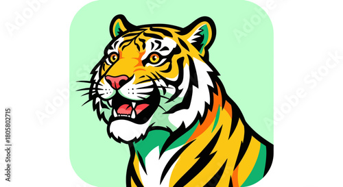 Stylized Tiger Head with Vibrant Colors and Fierce Expression.