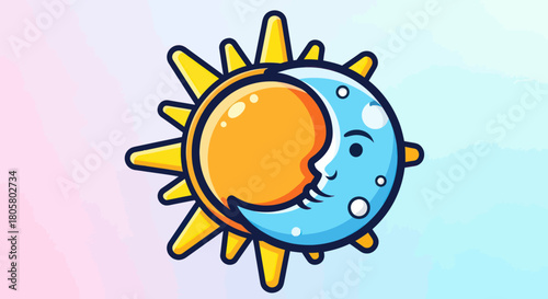 Sun and Moon Cartoon Illustration with Smiling Face.