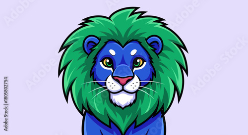Vibrant blue lion with striking green mane cartoon illustration.