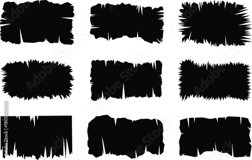 Set of nine versatile black grunge frames with torn, jagged, and distressed edges, perfect for abstract graphic design elements, overlays, text boxes, or decorative borders.