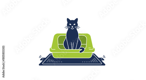 Cute kitty using a modern green and blue cat litter box, perfect for pet care product advertising or promoting responsible pet ownership today