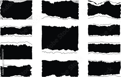 Collection of diverse ripped paper edges and torn page frames in monochrome grunge style, ideal for distressed borders, textured elements, and graphic design overlays for a raw, deconstructed look.