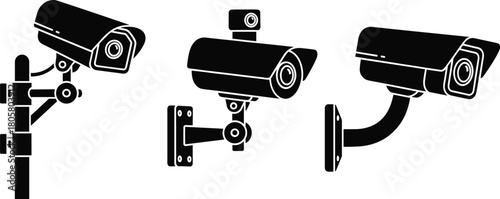 Set of Three Black Silhouette Vector Illustrations of CCTV Security Surveillance Cameras Mounted on Pole and Wall Brackets, Representing Monitoring, Safety, Protection, and Digital Technology.