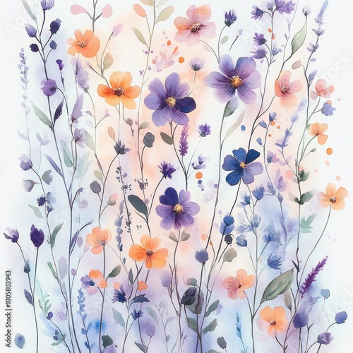 delicate watercolor wildflower stems with purple and peach blossoms, slender green leaves and a soft serene pastel background