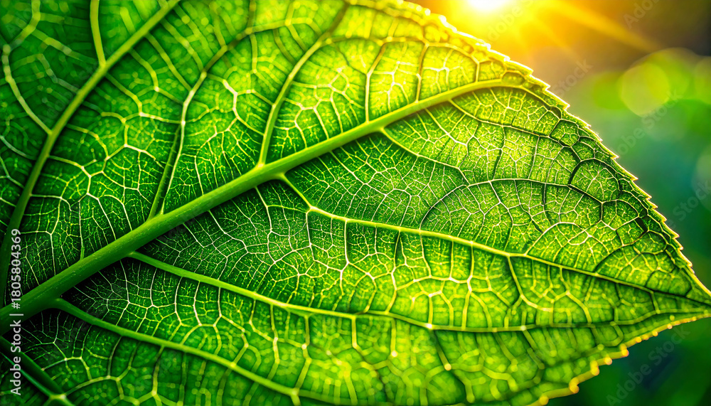 Obraz premium Leaf in the Sun: The intricate details of a vibrant green leaf, illuminated by the warm glow of the sun, are on full display, showcasing the beauty of nature's design.