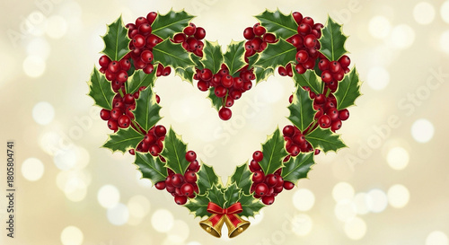 A heart-shaped holly wreath with red berries, a small red bow, and golden bells on a warm bokeh background.