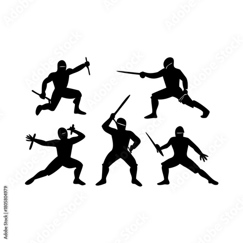 Silhouettes of four ninjas showcase various poses with simple designs and a bold black style.
