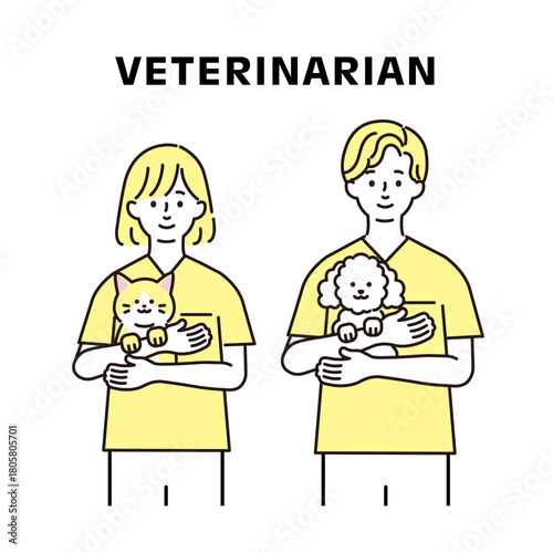 犬と猫を抱っこしている獣医のイラスト