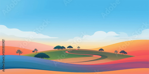 Vibrant Stylized Rolling Hills in Warm Orange Yellow Teal and Blue with Gentle Curves Clear Sky Minimal Landscape Illustration