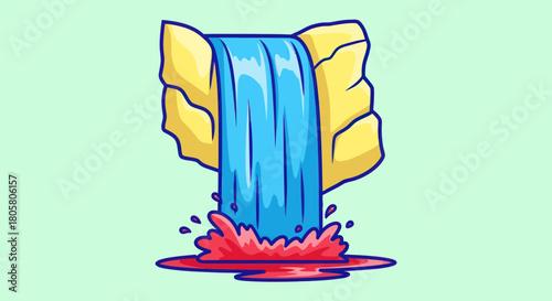 Cartoon waterfall cascading down from rock formation with water splash.