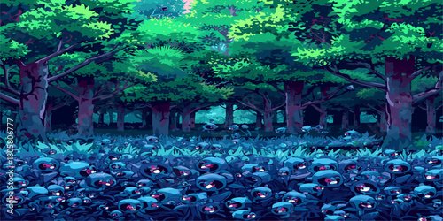 Enchanted Mystical Forest with Ancient Giant Trees and Glowing Blue Magical Ground Fog Dreamy Fantasy Nature Illustration