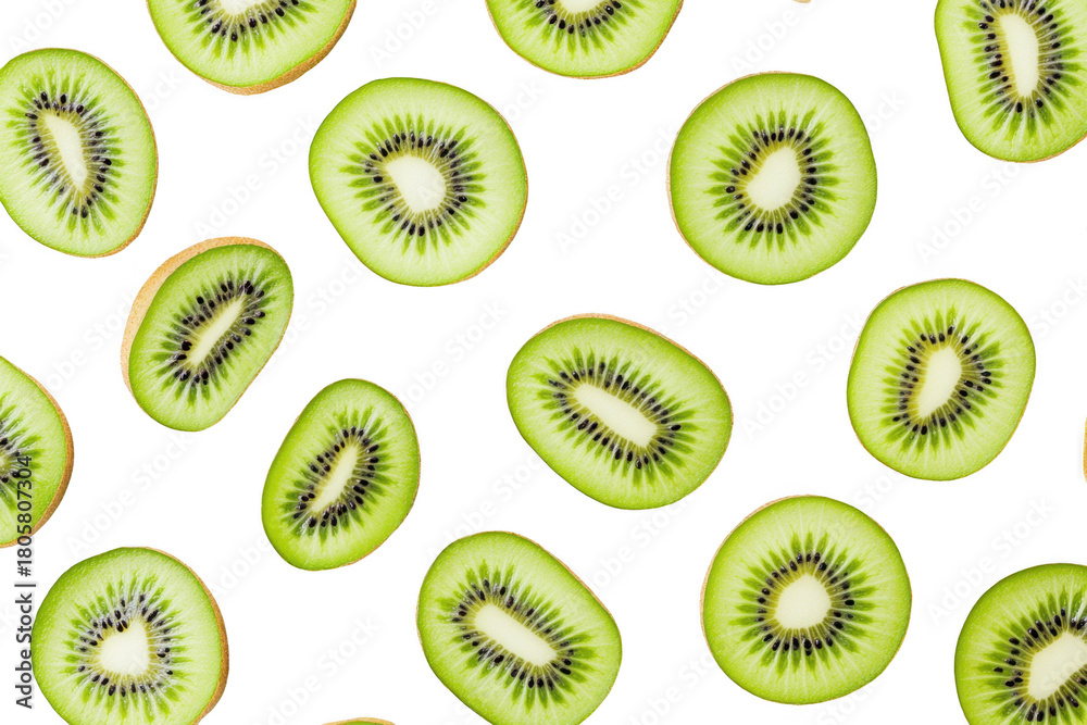 Fototapeta premium A and fresh arrangement of sliced kiwi fruits displayed on a clean white background. their unique green flesh and black seeds. perfect for culinary or health-related visuals