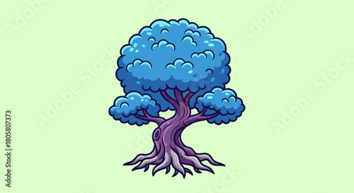 Stylized Blue Tree with Gnarled Roots and Fluffy Crown.