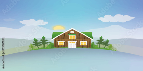 Serene wooden barn with lush green living roof nestled in peaceful mountain valley illustration