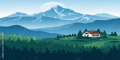 Serene Alpine Mountain Landscape with Traditional Red-Roofed Cottage Surrounded by Lush Green Meadows and Dense Pine Forest under Clear Blue Sky