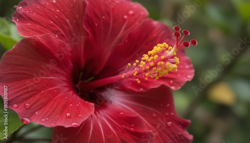 Close-up of a vibrant red hibiscus flower, showcasing its delicate petals and intricate details.