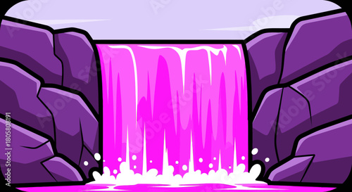 Vibrant Pink Waterfall Cascading Between Purple Rocks.