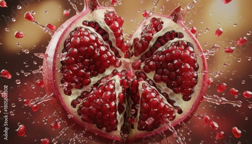 A close-up shot of a pomegranate cut open, with seeds and water droplets splashing outwards.