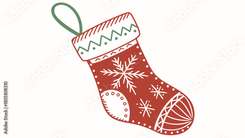 Illustration of a christmas stocking with snowflake and other festive decorations hanging from a loop